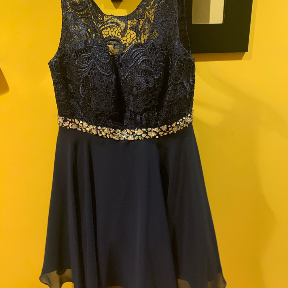 Large navy blue dancing queen dress from Prom Girl